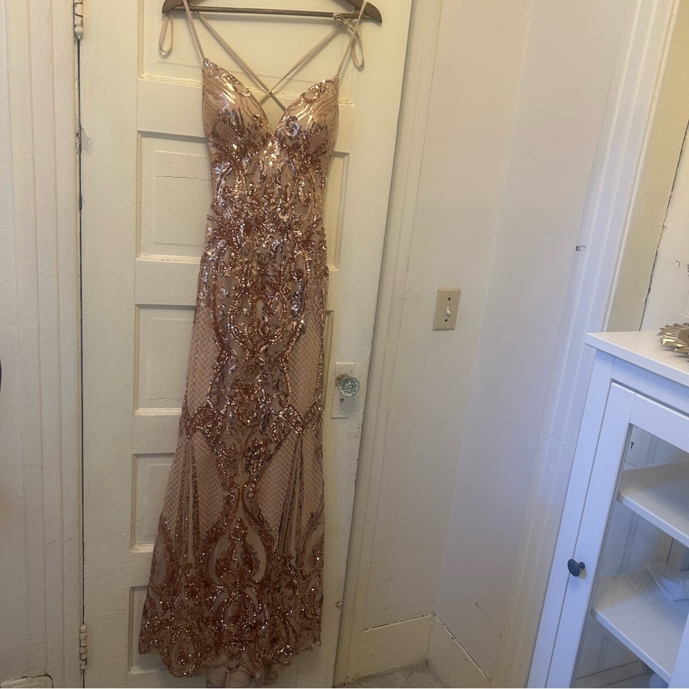 Morilee Madeline Gardner Sequin Rose Gold Mermaid Sheer Gown Prom Date Party